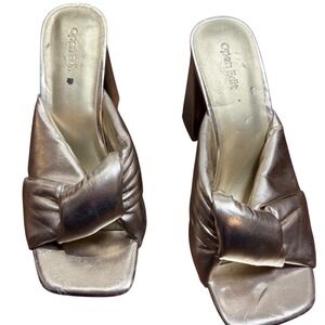 Open Edit Knot Mule Sandals Womens 8.5 Gold Good Metallic Block Heel Square Toe